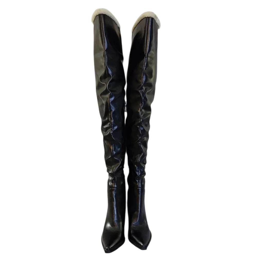 NEW PrettyLittleThing Fur Lined Black Over the Knee Boot Thigh Highs Sz 5